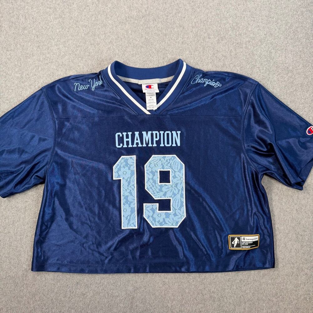 Champion New York 19 Cropped Football Jersey Top Women's Medium Blue Lace